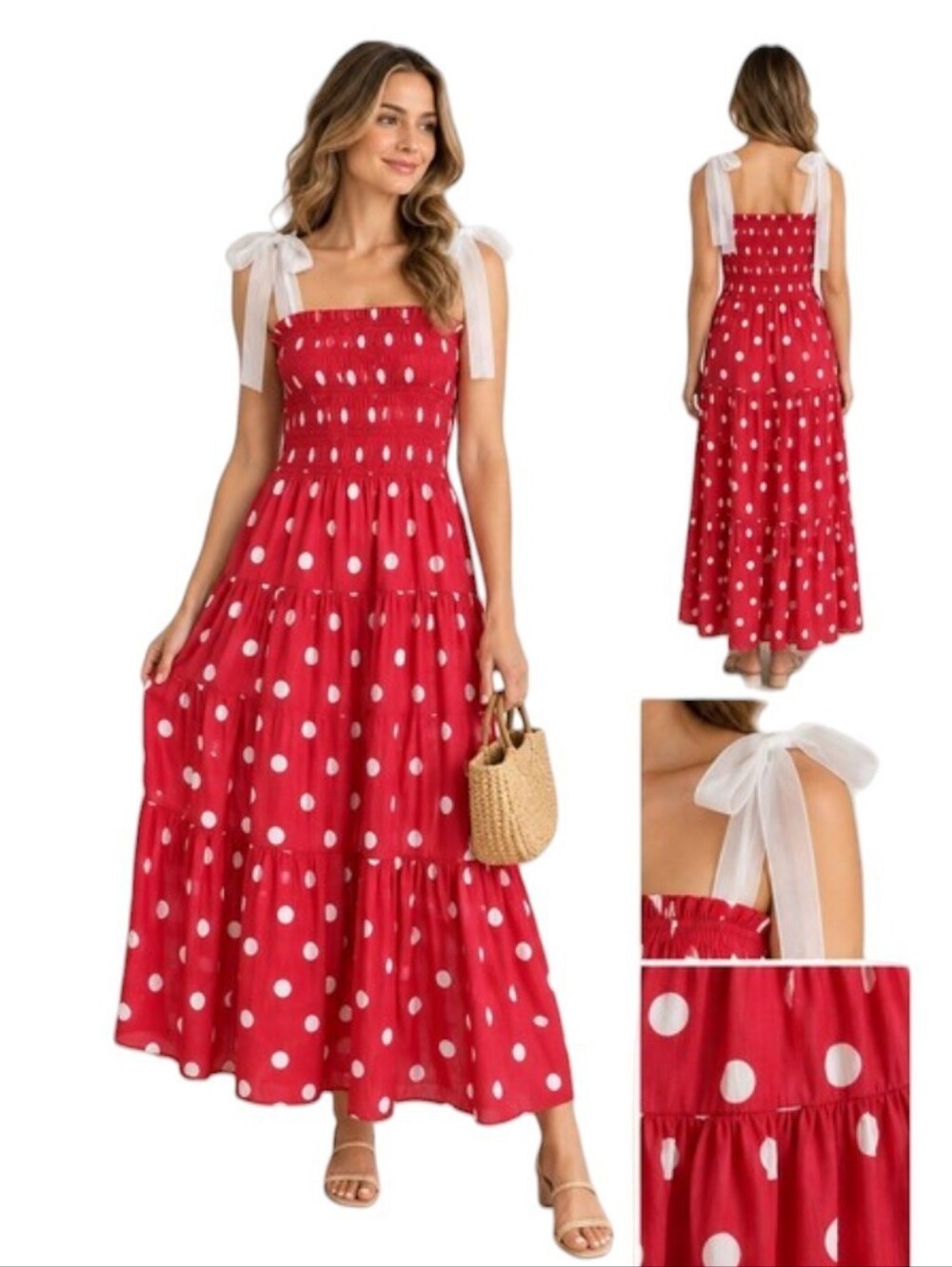 En Saison Polka Dot Dress Smocked Tie Strap Dress Red White L